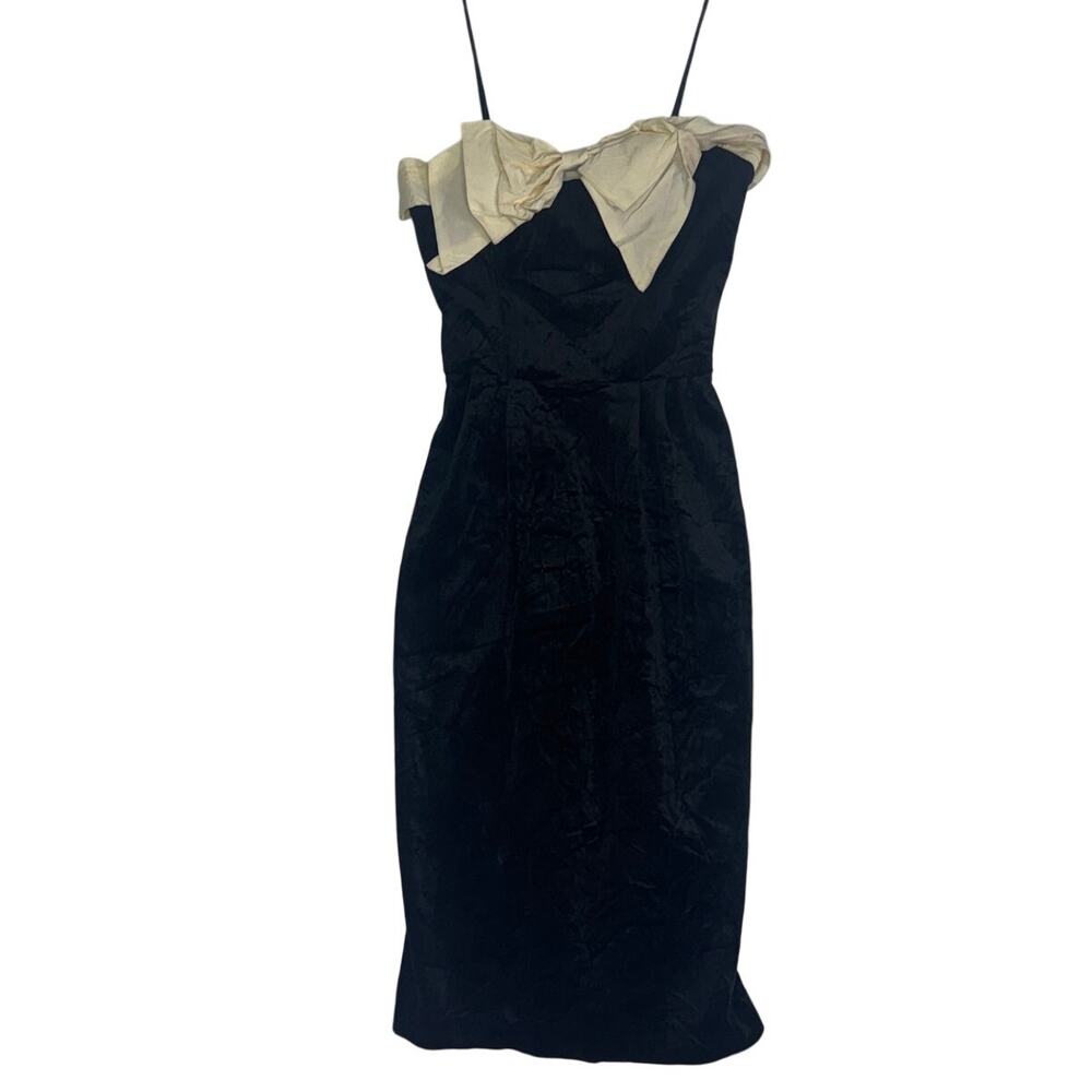 Vintage 80s Byer Too! Black Velvet Party Dress Giant Cream Bow Strappy Prom slip